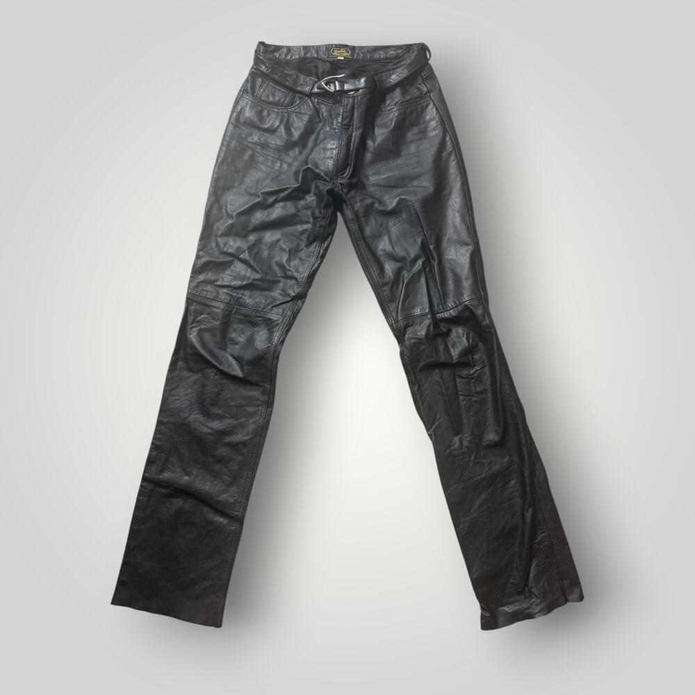 Vintage Leather Class Black Genuine Leather Straight Leg Pants Belted Size 40